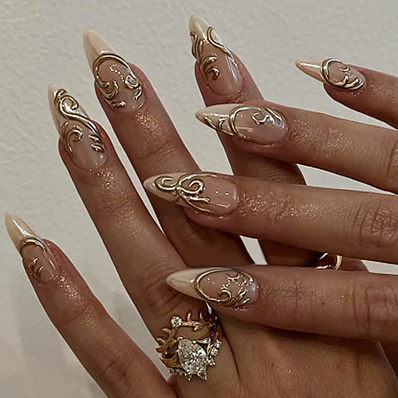 Medium Almond Cat Eye Press-On Nails - Glitter & Gold-Tone Designs, 24 Pieces
