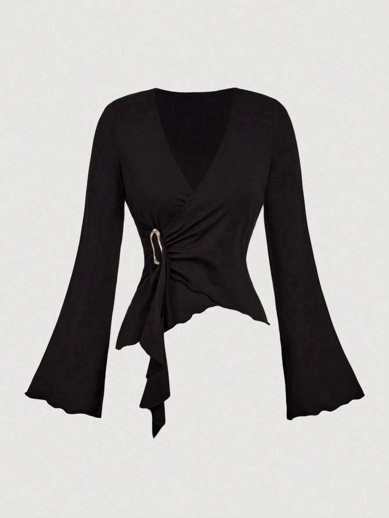 Women's Solid Color Cross Wrap Flare Sleeve Cinched Waist Asymmetrical Hem Ruffle T-Shirta