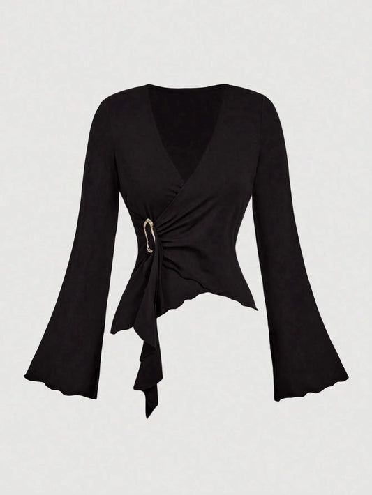 Y2K Flare Sleeve Cross Wrap Top – Cinched Waist Asymmetric Hem | Solid Color Ruffle Style