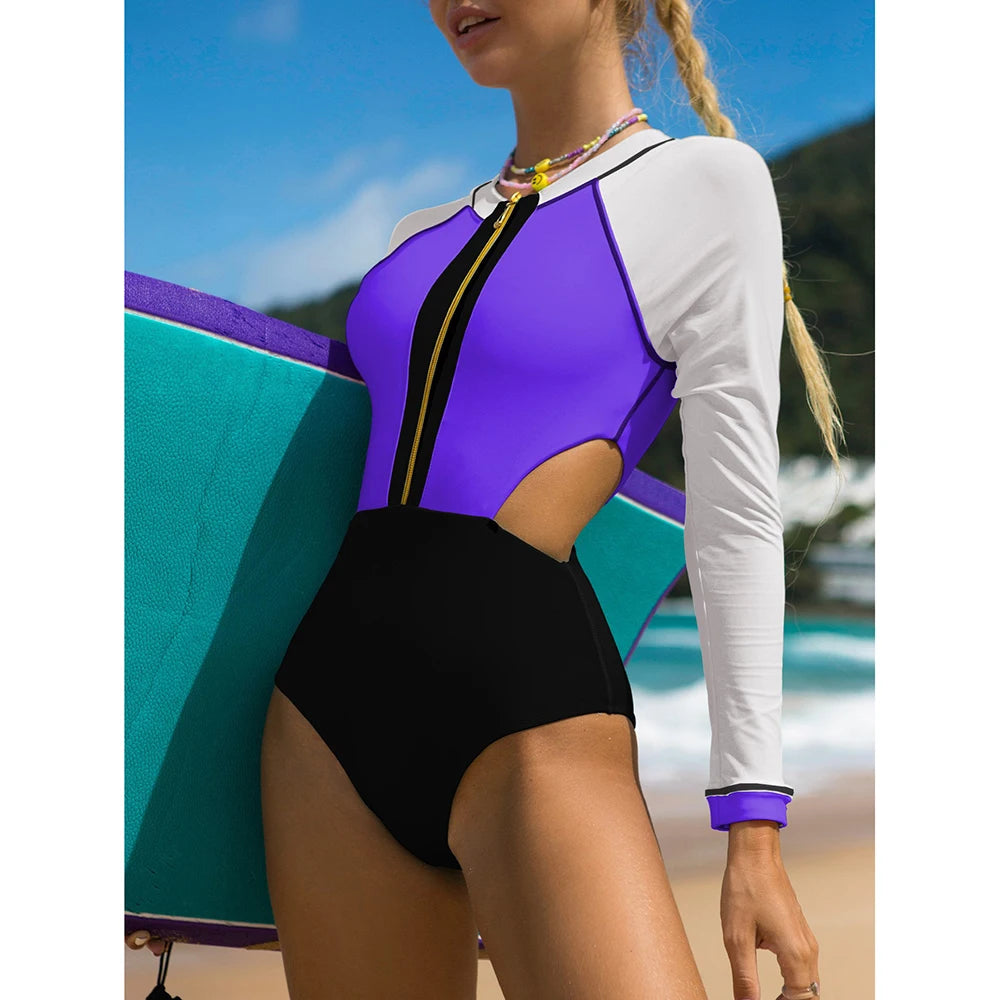 Color Block Surfing One-Piece Swimsuit — Long Sleeve Zipper | Women's Sport Swimwear