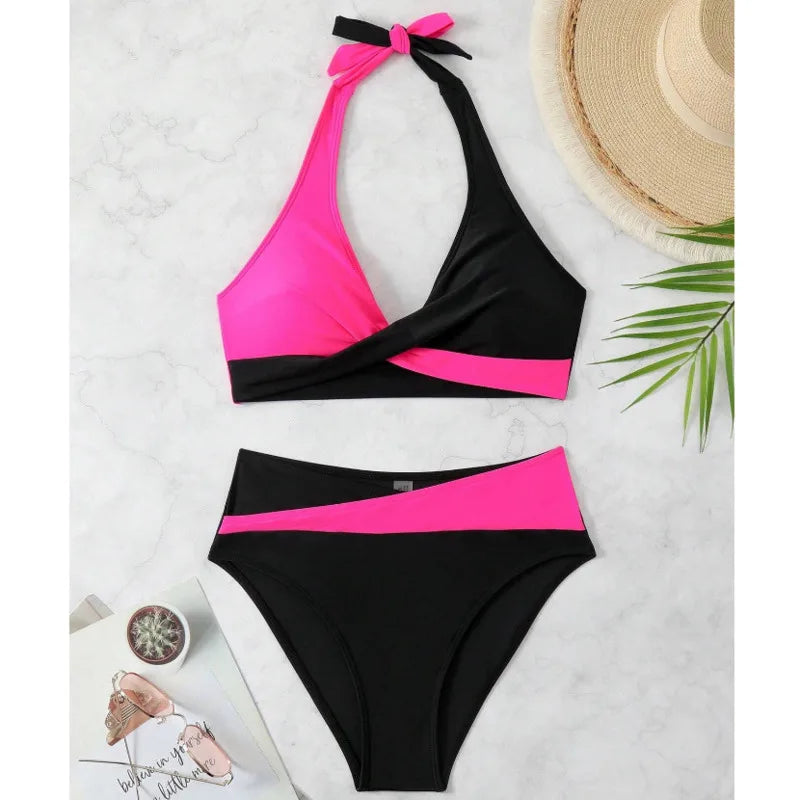 Color Block Wrap Bikini Set — Halter Crossover Top & High Waist Bottoms | Women's Swimwear
