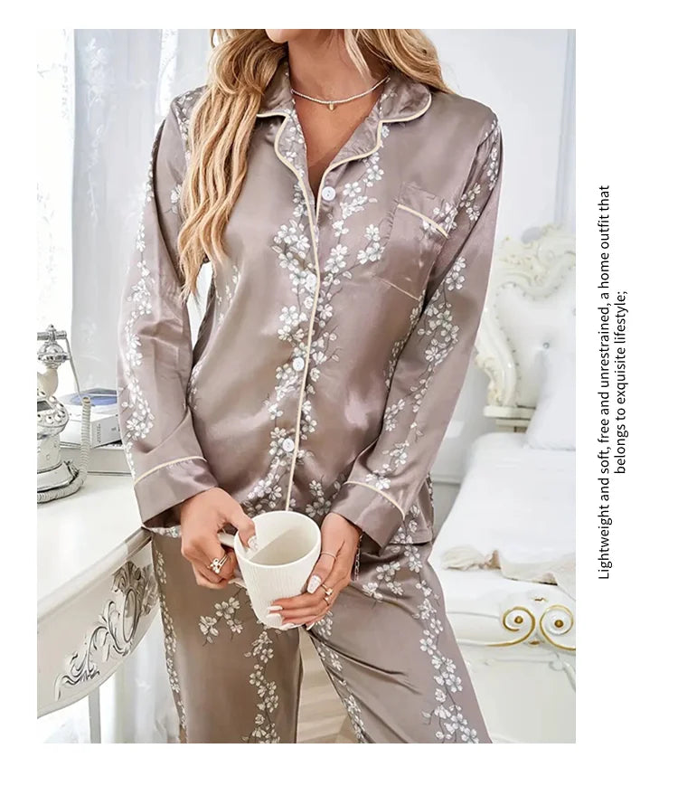 Satin Floral Pajama Set — Long Sleeve Button-Up Top & Pants
