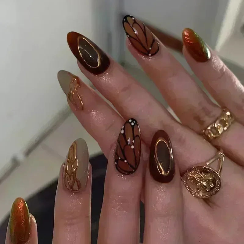 Almond Press-On Nails - 3D Floral, Butterfly & French Tip, 24 Pieces