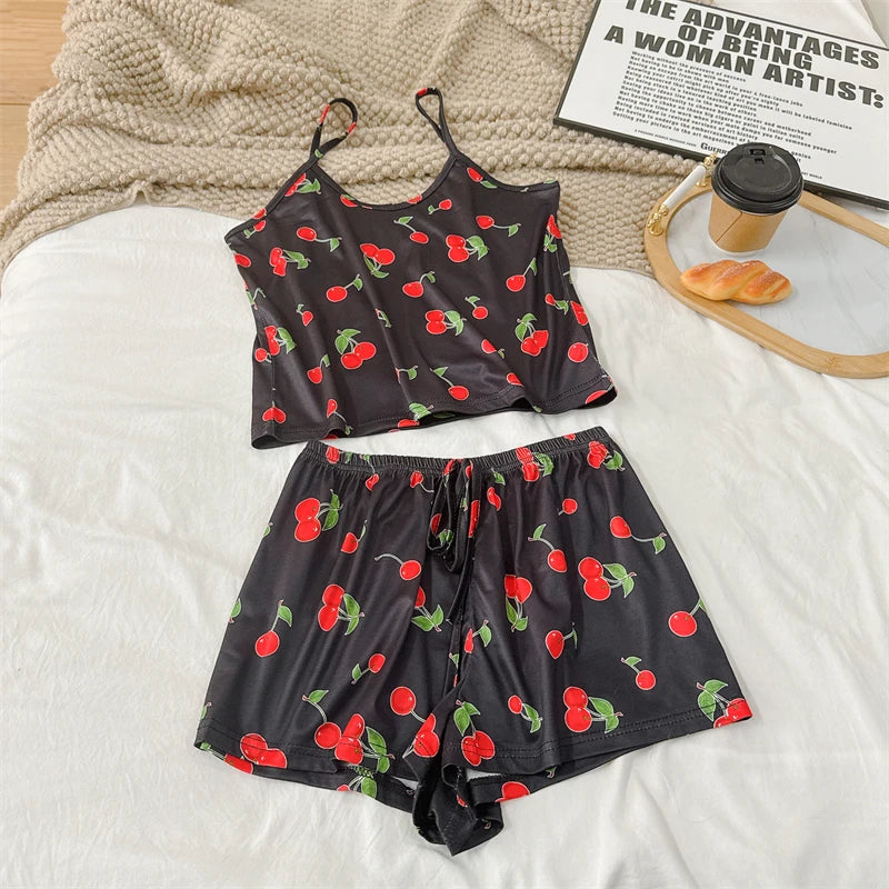 Cherry Print Ice Silk Pajama Set — Sleeveless Cami Top & Shorts