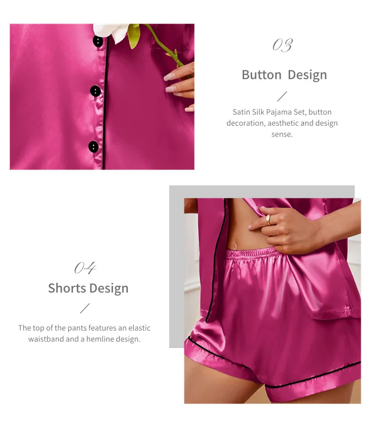 Satin Pajamas Set — Short Sleeve Button Top & Shorts | Women's Summer Sleepwear