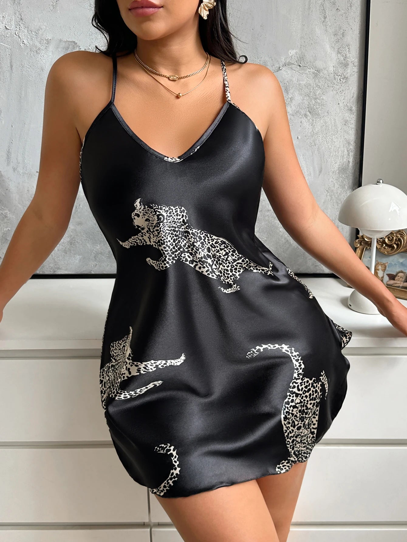 Leopard Print Satin Slip Nightdress — V-Neck Sleeveless Mini | Women's Luxury Sleepwear