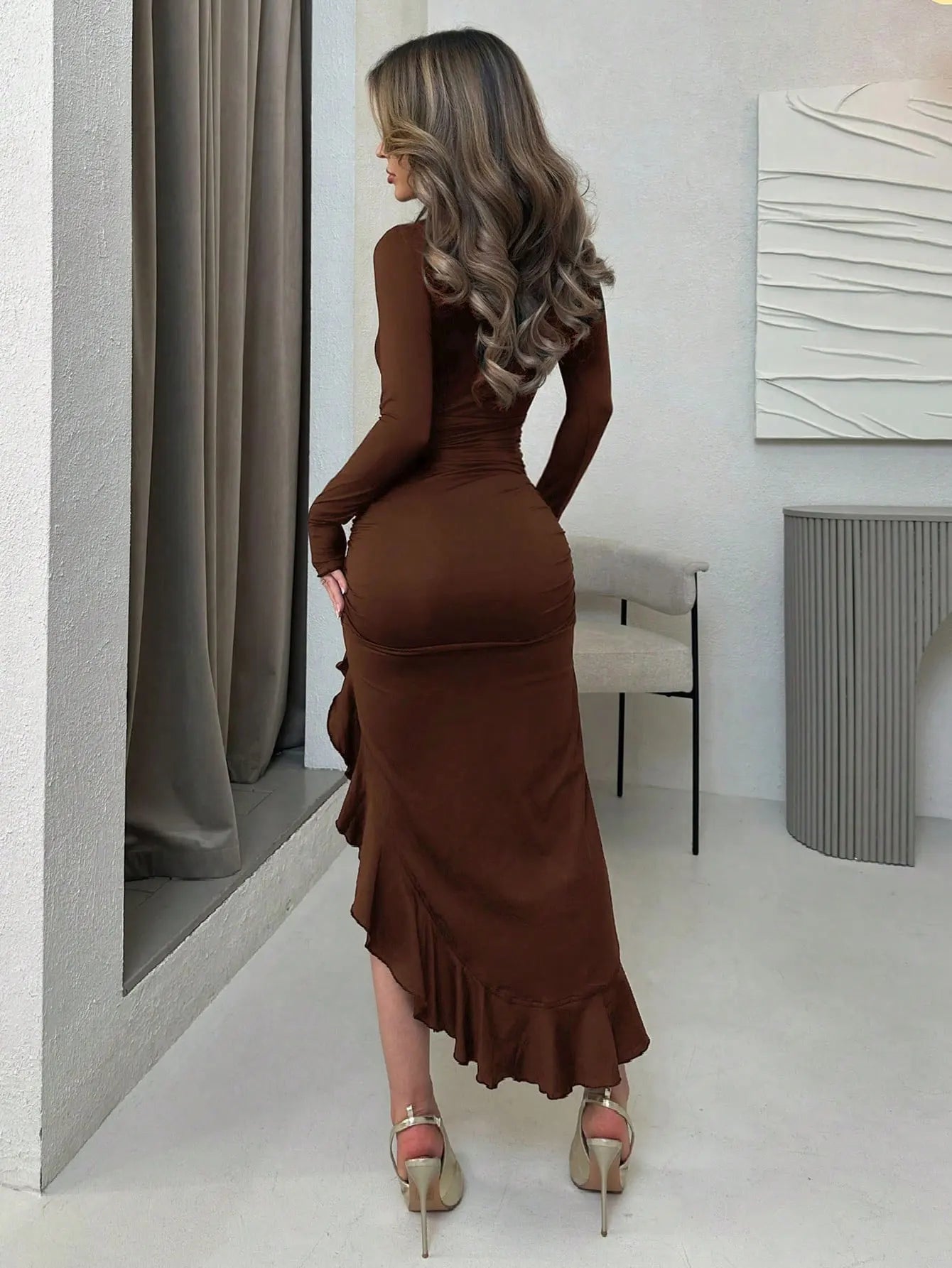 Women's Spring/Summer Round Neck Solid Color Sexy and Elegant Bodycon Ruffle Hem Long Sleeve Asymmetrical High Slit Dress
