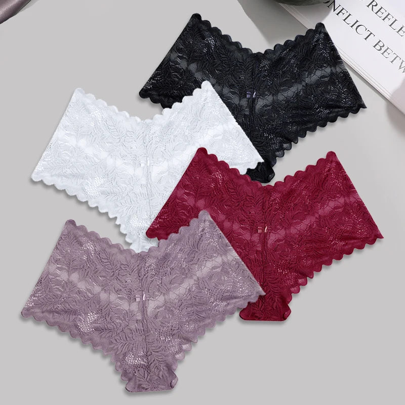 4-Pack All-Over Floral Lace Boyshorts — Hollow-Out Scalloped Low-Rise Panties