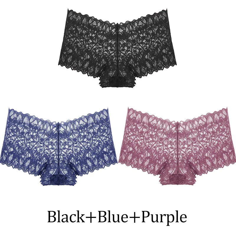 3-Pack Lace Boyshort Panties – Low-Rise Floral Underwear for Women (S–XL, 14 Color Sets)