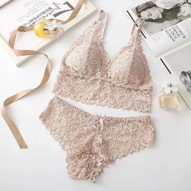 Floral Embroidery Lace Bra & Panty Set — Wire-Free Padded Bralette | Women's Lingerie