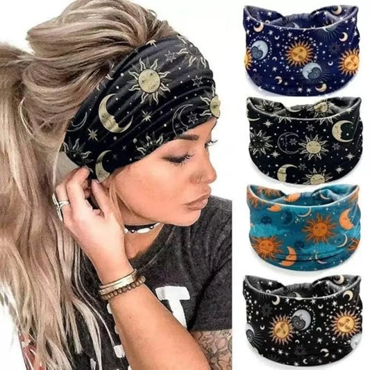 Wide Non-Slip Knotted Headbands – Star & Moon Boho Print Hair Wrap for Yoga & Workout, 4-Pack