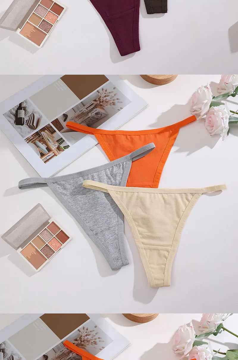 FINETOO 3PCS/Set Sexy Women Cotton G-String Underwear Low Waist Panties Girl T-back Panty Soft Thin Strap Femme Thong Lingerie