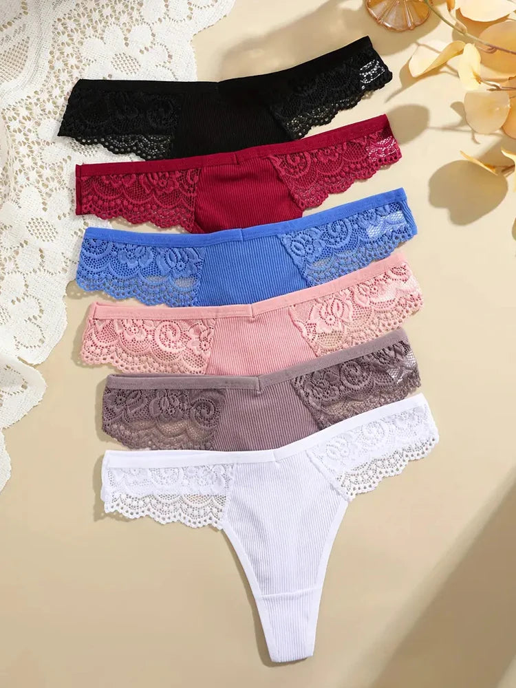 7-Pack Cotton Lace-Waist Thongs — Low-Rise Ribbed G-String Panties