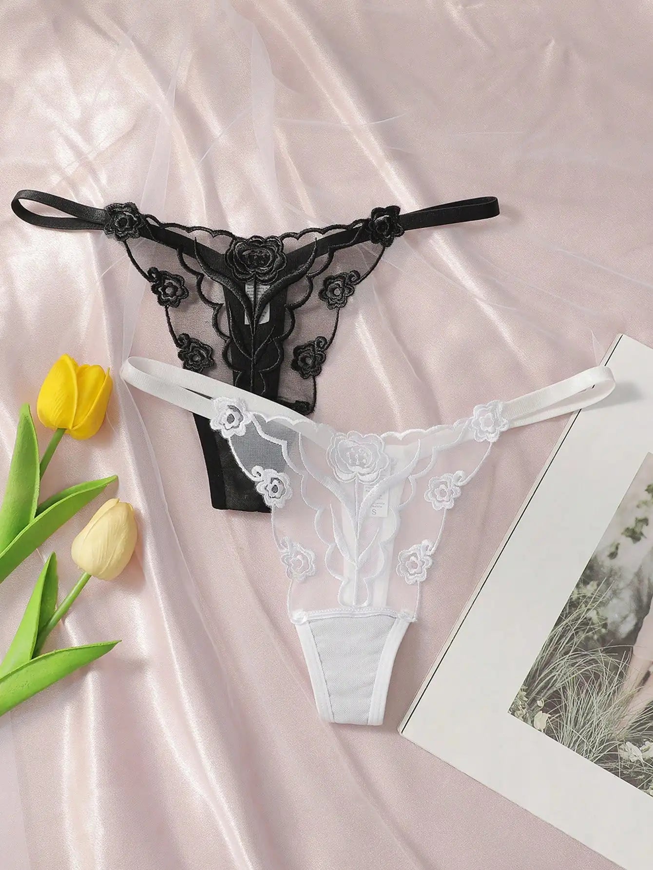 2-Pack Embroidered Rose Thong Set — Sheer Mesh G-String | Women's Sexy Lingerie