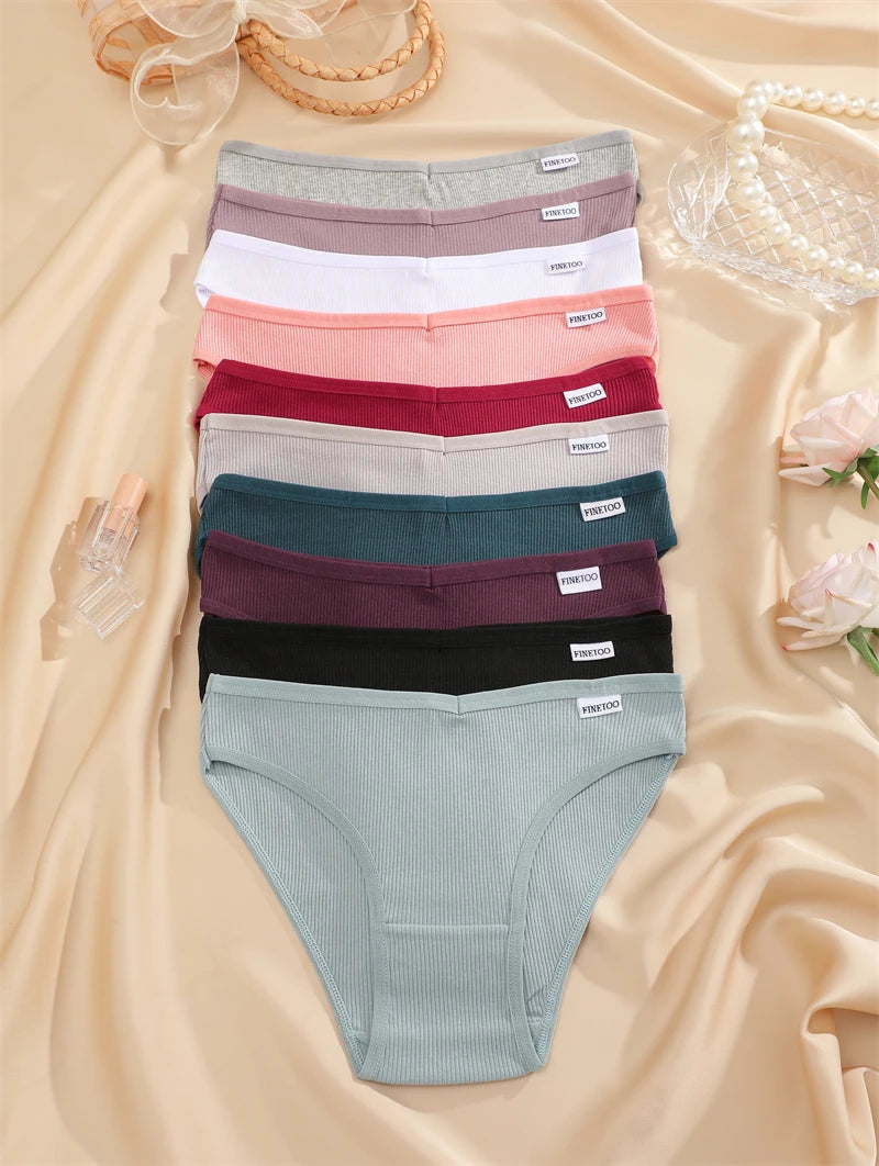 FINETOO 7Pcs Cotton M-3XL Striped Underwear Women's Breathable Panties Sexy V Waist Comfortable Briefs Ladies Low Waist Lingerie