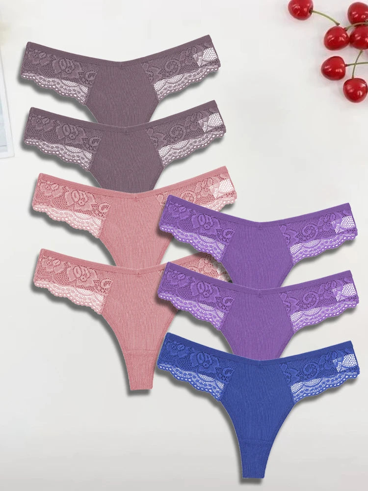 7-Pack Cotton Lace-Waist Thongs — Low-Rise Ribbed G-String Panties