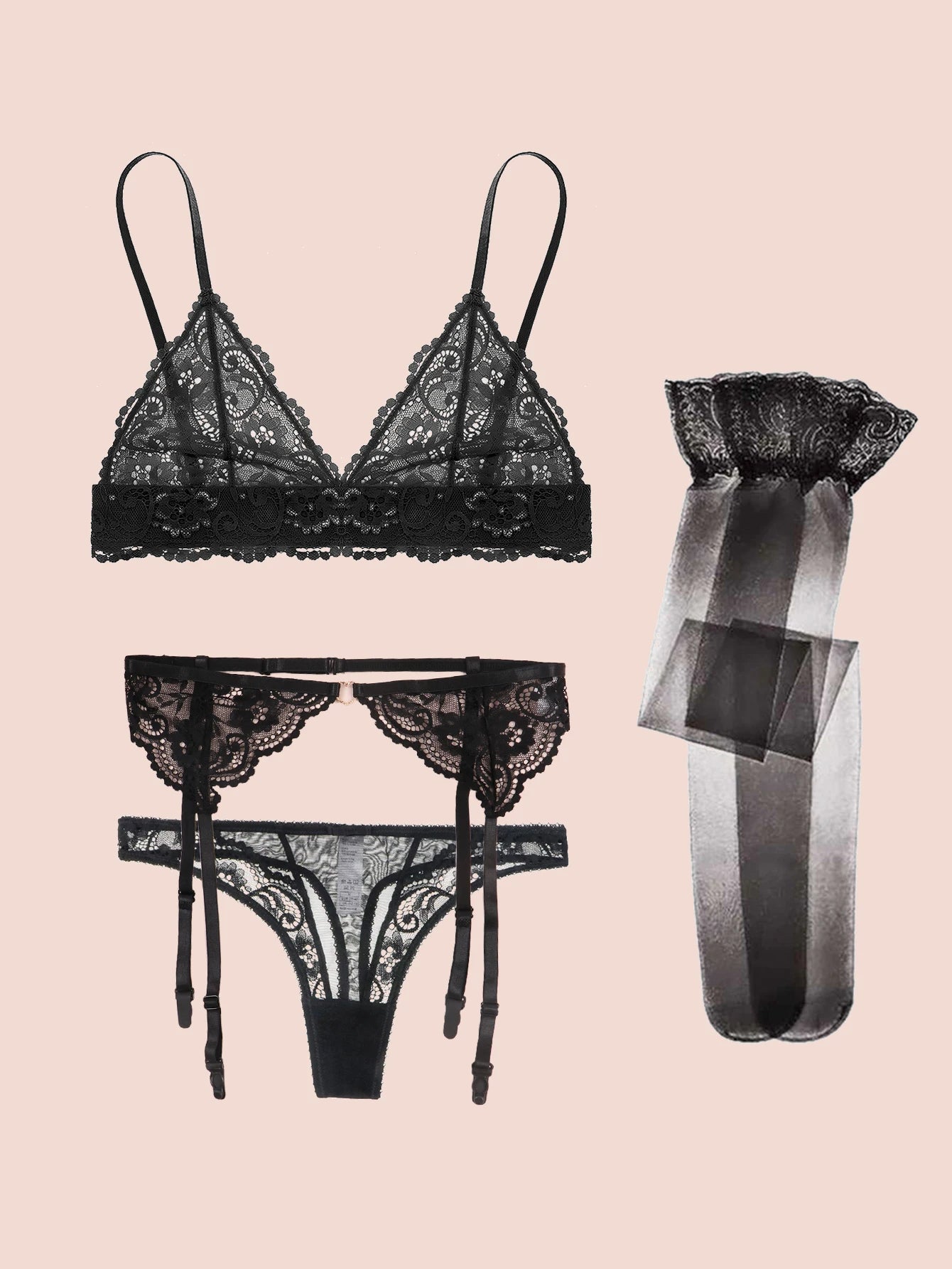 Floral Lace Bralette Lingerie Set — Wire-Free Bra, Thong, Garter Belt & Stockings | Women's Lingerie