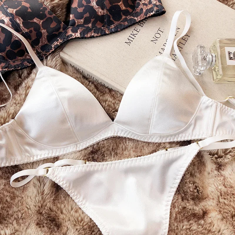 Women's Silken Triangle Bra & Thong Set – Wire-Free French Bralette Lingerie (S–XL)