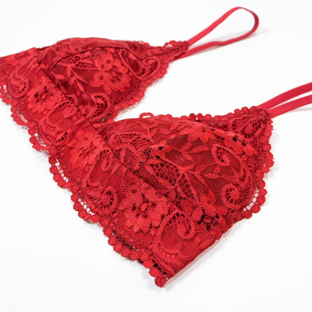 Floral Lace Bralette Lingerie Set — Wire-Free Bra, Thong, Garter Belt & Stockings | Women's Lingerie