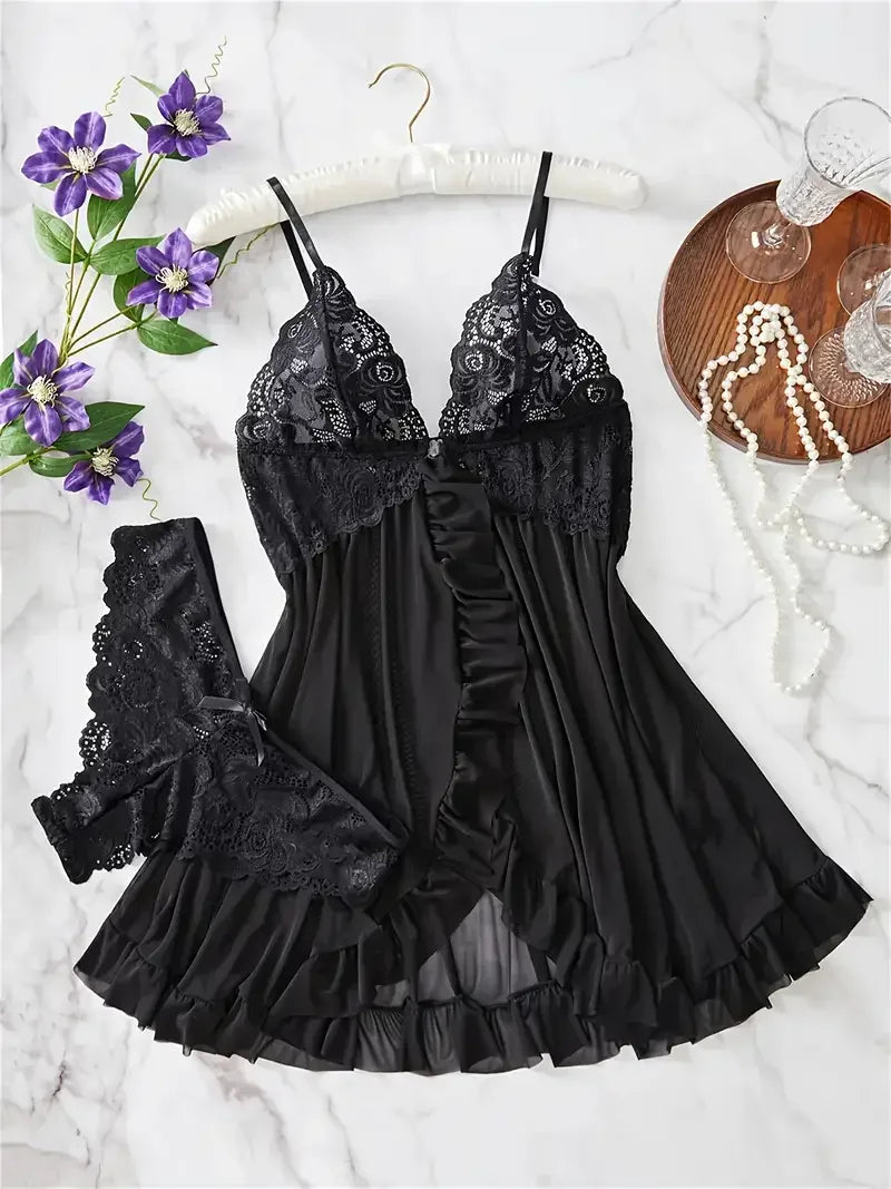 Lace Babydoll Lingerie Set — Floral Embroidery Slip Dress & Panty | Women's Intimate Wear