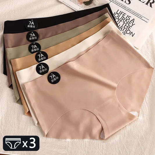 3-Pack Ice Silk Brief Panties – Seamless Low-Rise Underwear for Women (M–XL, 10 Color Sets)