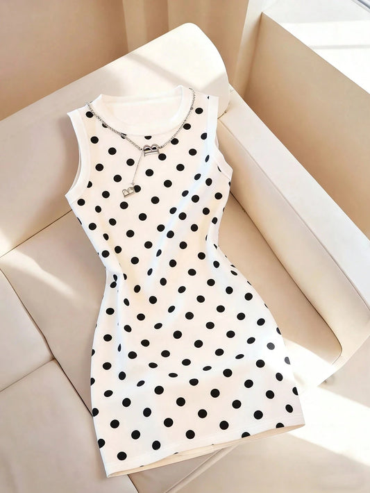 Polka Dot Off-Shoulder Mini Dress – Sleeveless Slim Fit | Elegant Casual Style