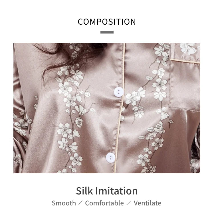 Satin Floral Pajama Set — Long Sleeve Button-Up Top & Pants