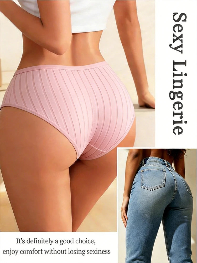 5-Pack Cotton Striped & Solid Brief Panties – Breathable Low-Rise Underwear for Women (M–XL, 12 Color Sets)