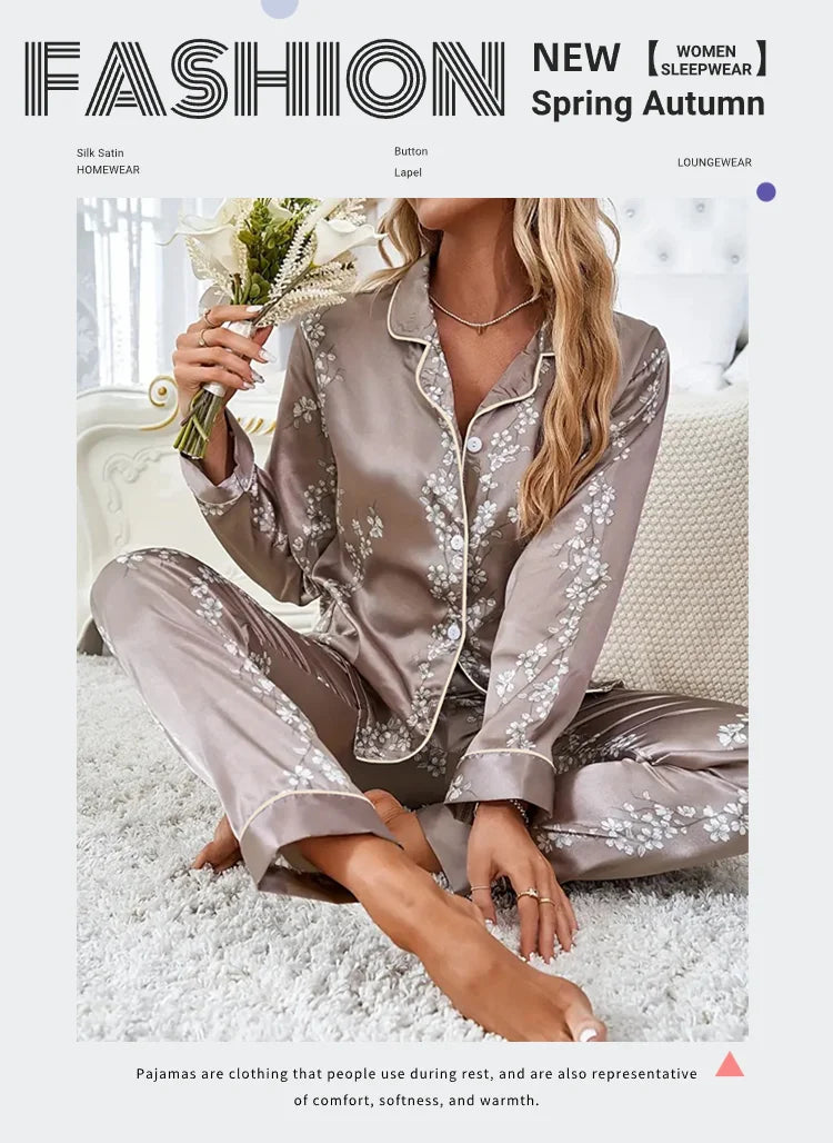 Satin Floral Pajama Set — Long Sleeve Button-Up Top & Pants