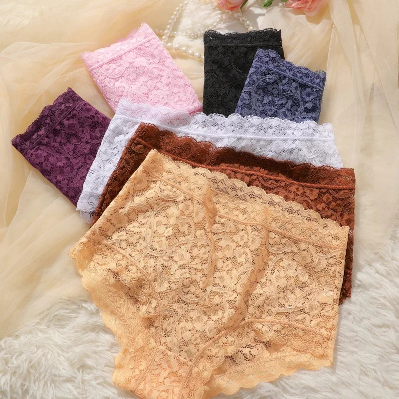 4-Pack High-Waist Lace Panties – Soft Breathable Hollow Briefs for Women (S–3XL, 9 Color Sets)