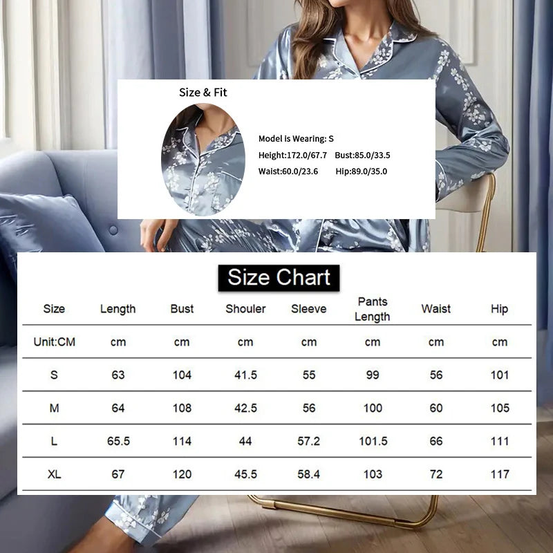 Satin Floral Pajama Set — Long Sleeve Button-Up Top & Pants