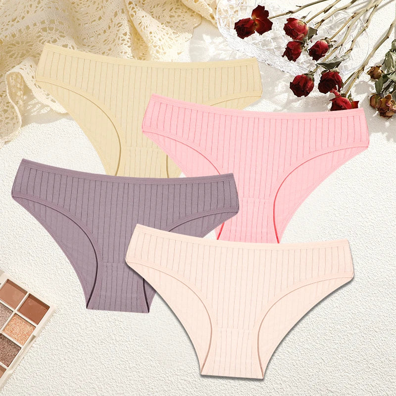 FINETOO 4Pcs Sexy Cotton Panties for Women Underwear Striped Panty Female Soft Lingeries Briefs Pantys Girl Underpant Intimates