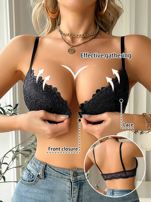 Floral Lace Front-Closure Push-Up Bra — Underwire Gathering | Women's Bra