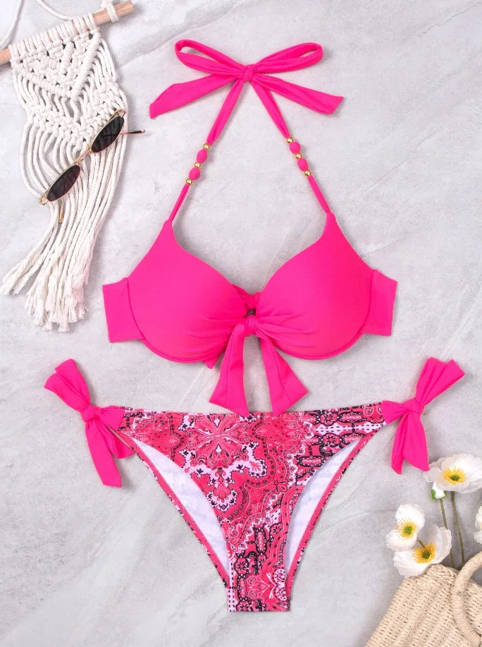 Push-Up Halter Bikini Set — Bow-Tie Top & Printed Side-Tie Bottoms | Women's Swimwear