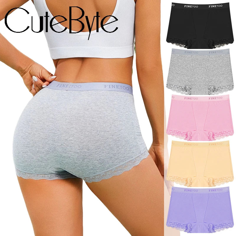Cotton High-Waist Lace Boyshort – Breathable Letter-Band Sport Briefs for Women (S–2XL, 6 Colors)