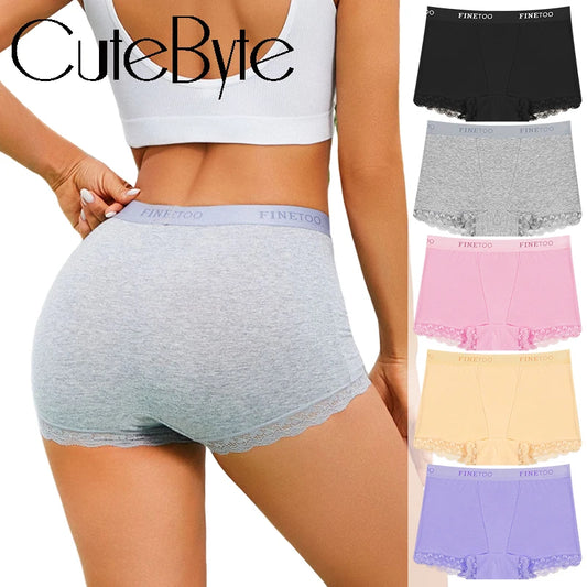 Cotton High-Waist Lace Boyshort – Breathable Letter-Band Sport Briefs for Women (S–2XL, 6 Colors)