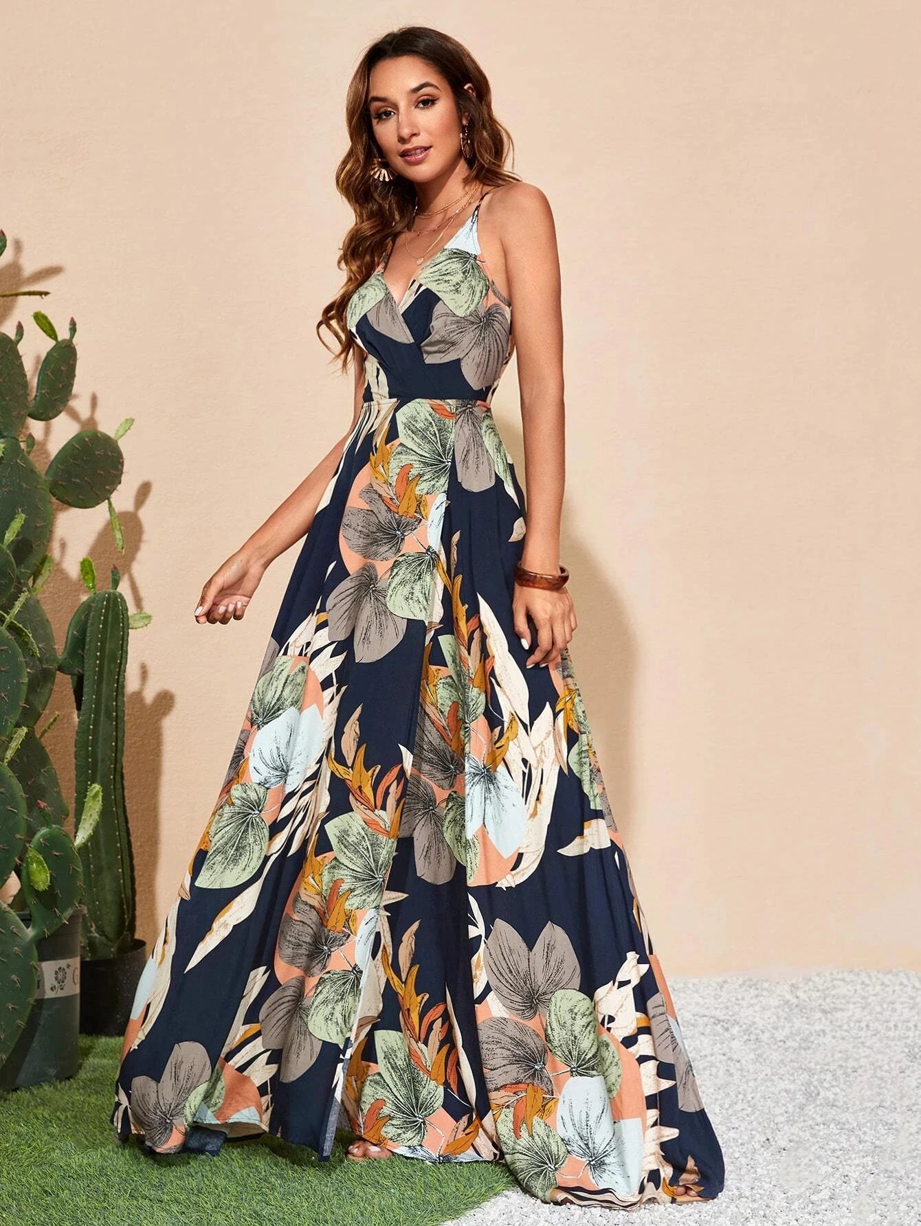 Tropical Print Thigh-High Slit Backless Spaghetti Strap Dress 1056