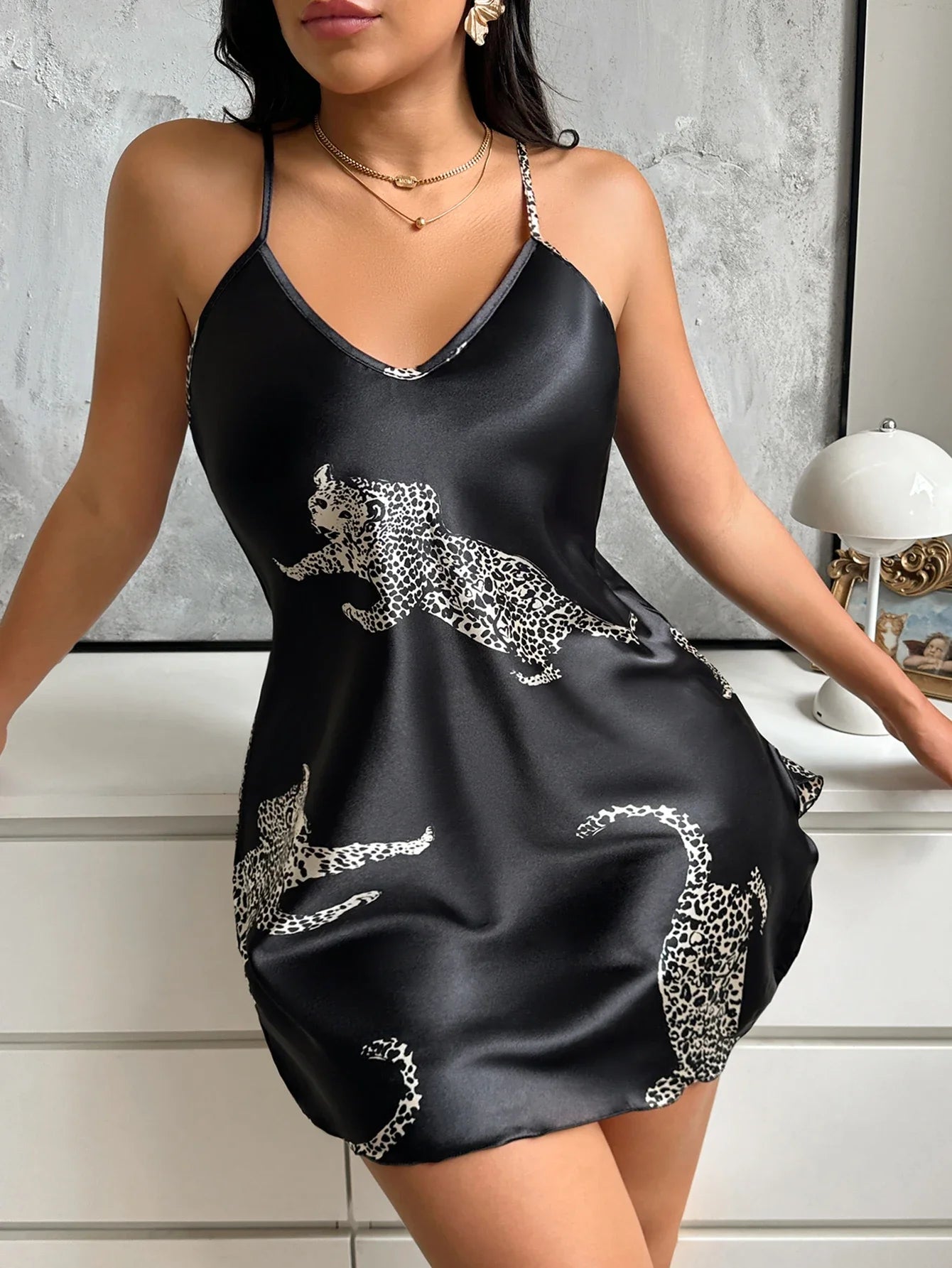 Leopard Print Satin Slip Nightdress — V-Neck Sleeveless Mini | Women's Luxury Sleepwear