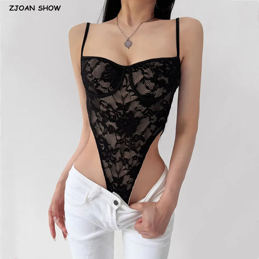 Lace Floral Bodysuit — Spaghetti Strap Slim Fit Romper