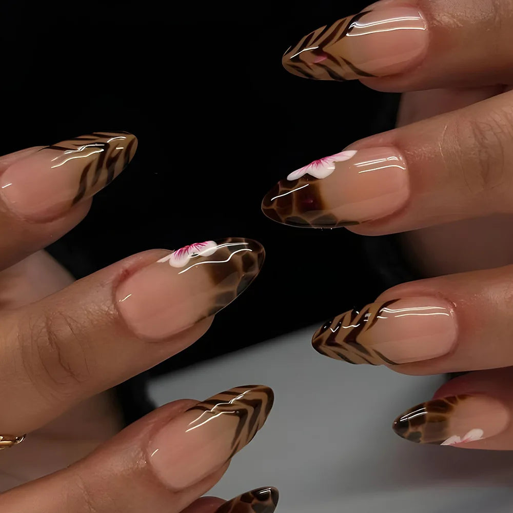 French Almond Press-On Nails – Leopard Print & 3D Bow Designs, 24 Pieces
