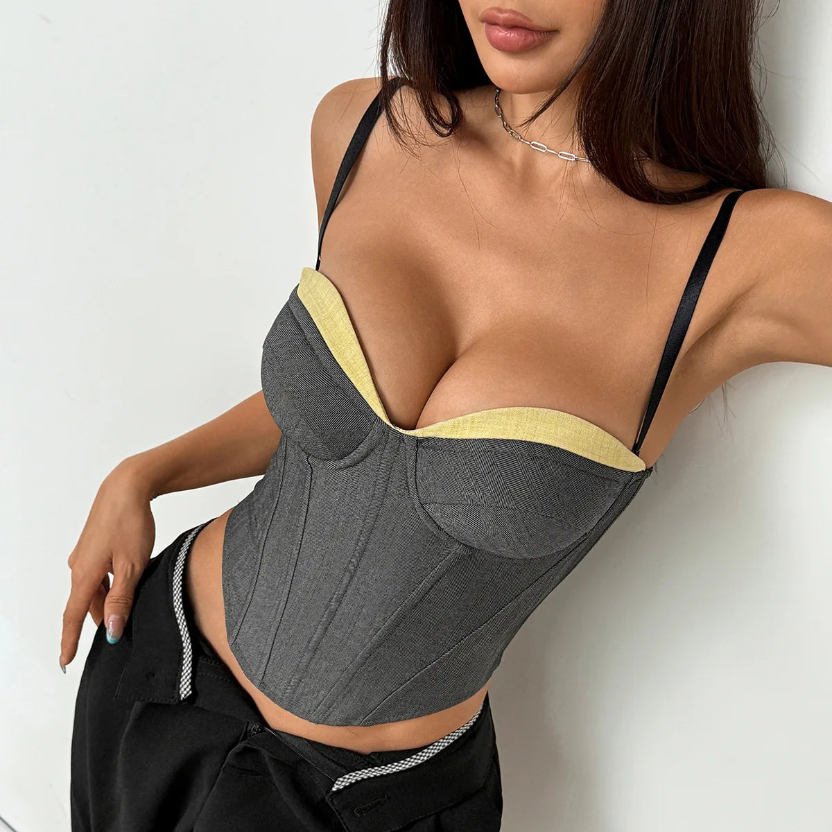 Fishbone Corset Bustier Top — Patchwork Velvet Slim Fit | Women's Club Tops