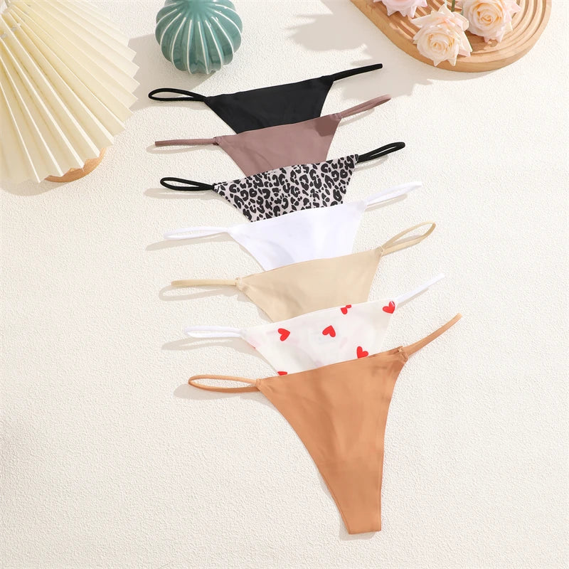 7-Pack Ice Silk Printed & Solid Thongs — Seamless Low-Rise G-String