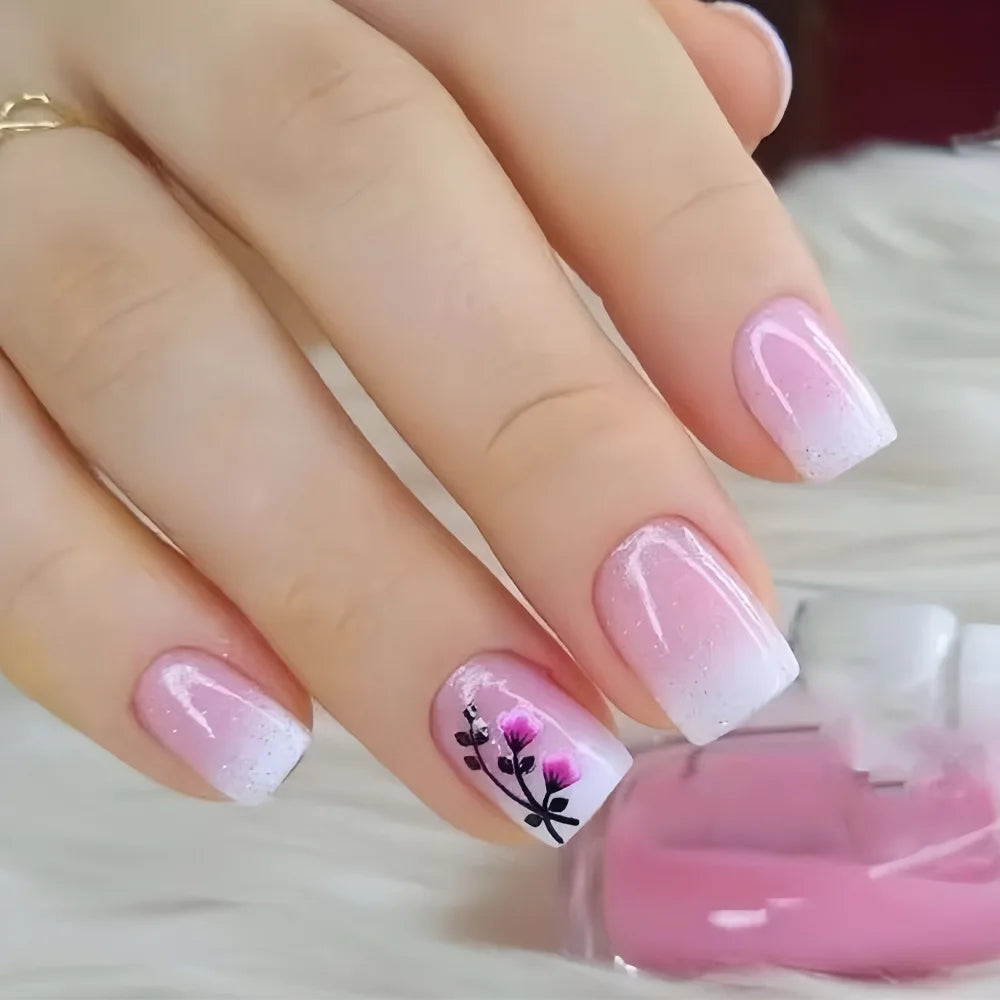 Short Square Press-On Nails - Purple Floral & Gradient French, 24 Pieces