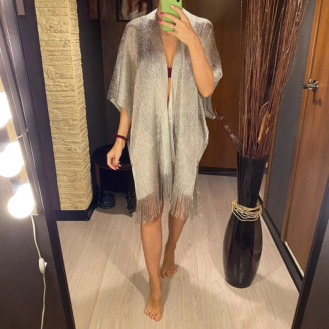 Metallic Tassel Trim Beach Cover-Up — Sheer Kimono | Women's Swimwear