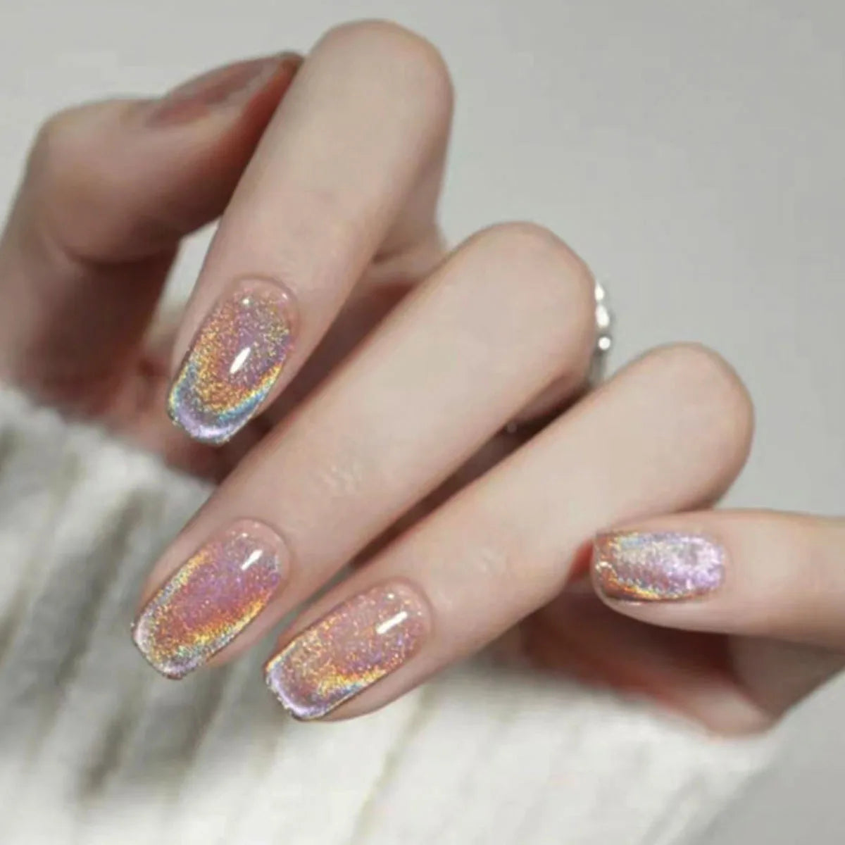 Short Square Cat Eye Press-On Nails with Glue - 24-Piece Set