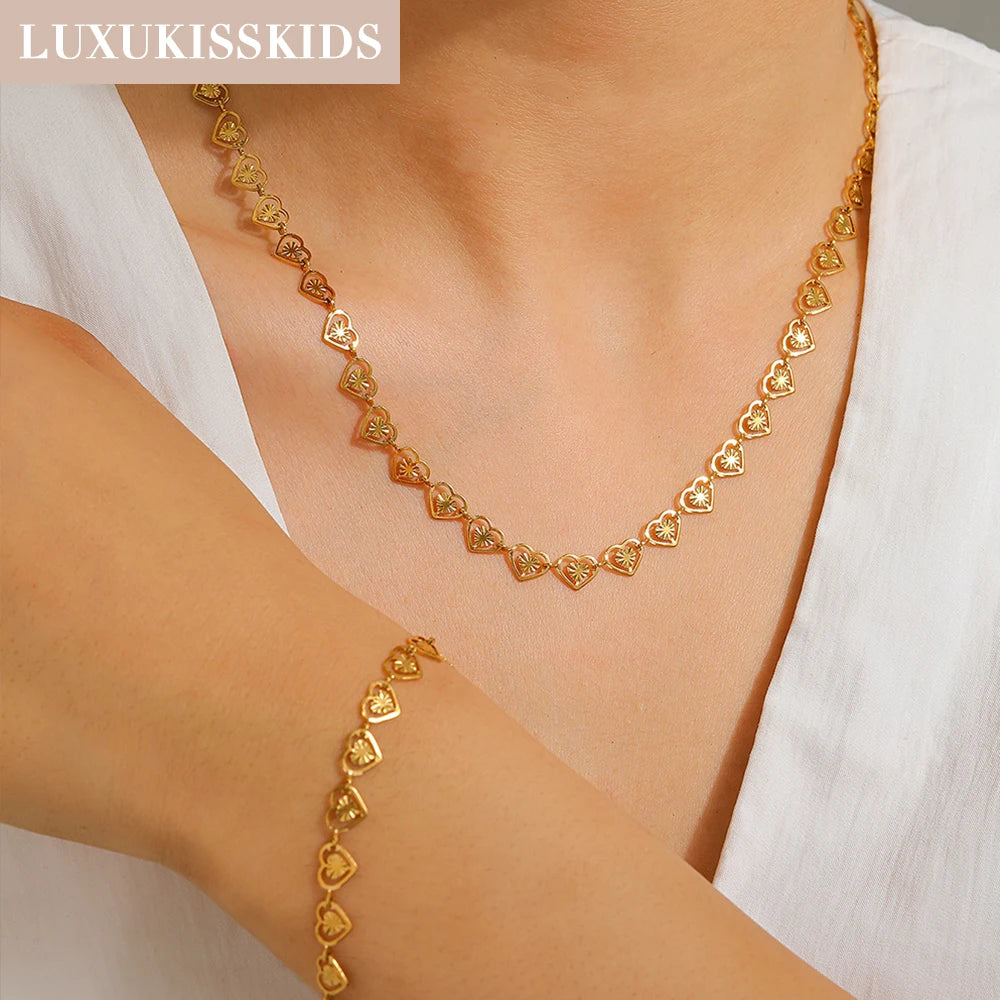 LUXUKISSKIDS Fashion Cubic Love Heart Minimalist Jewelry Set Necklace Earrings Bracelets Stainless Steel Women Party Accessories