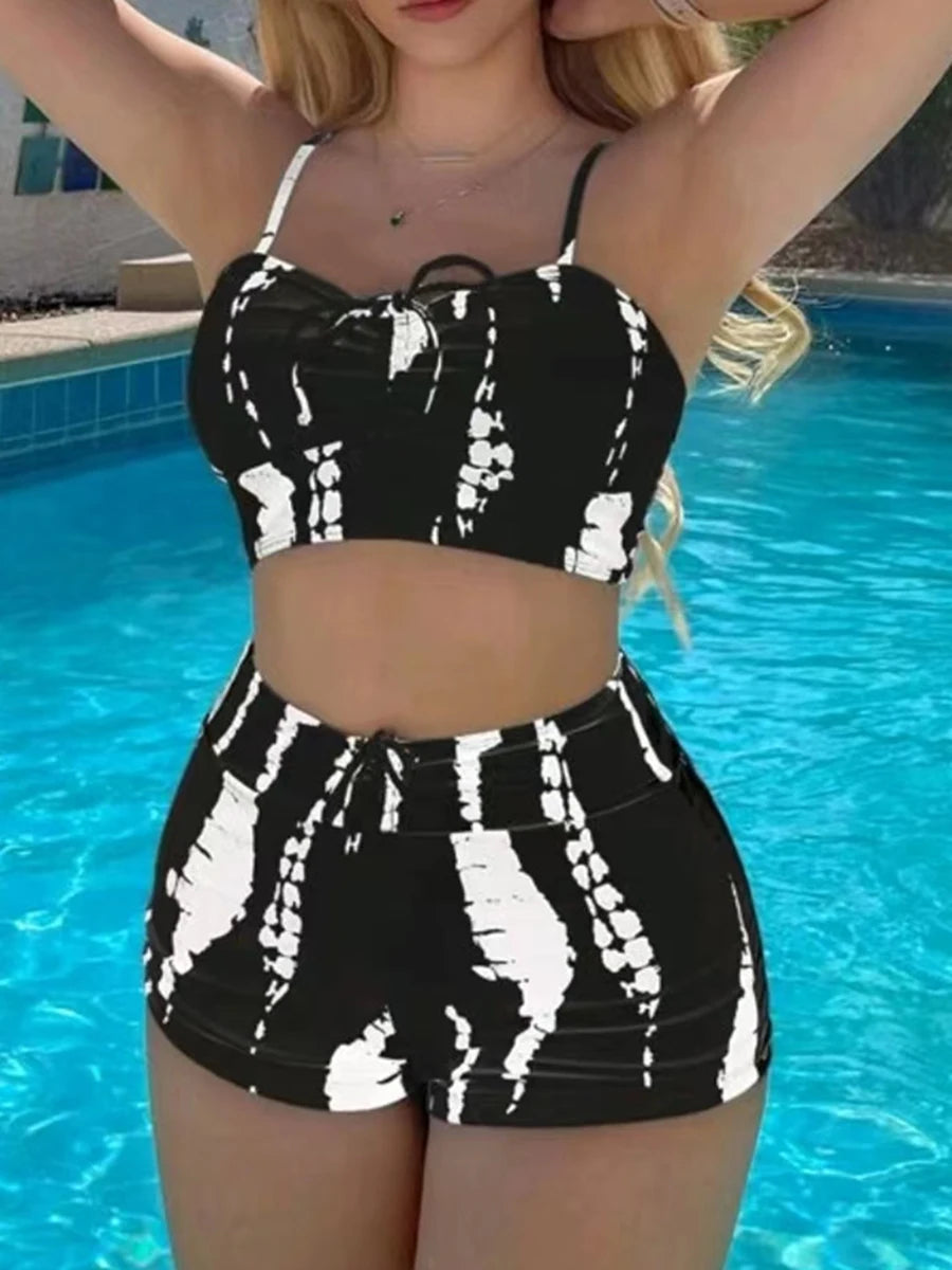 High Waist Shorts Bikini Set — Drawstring Top & Swim Shorts | Women's Swimwear