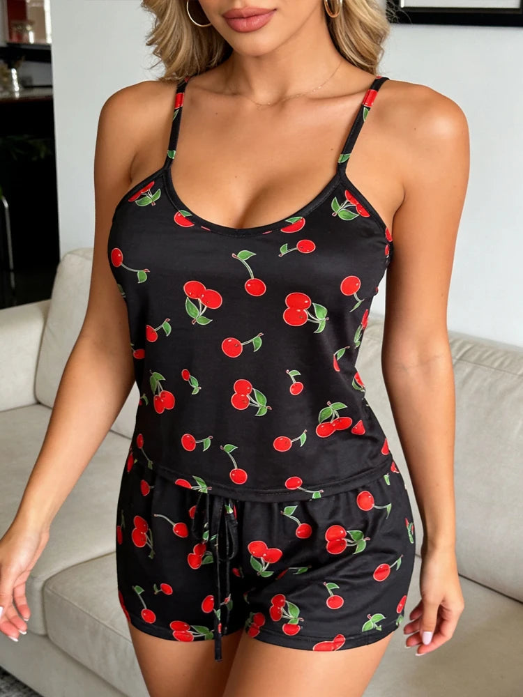 Cherry Print Ice Silk Pajama Set — Sleeveless Cami Top & Shorts