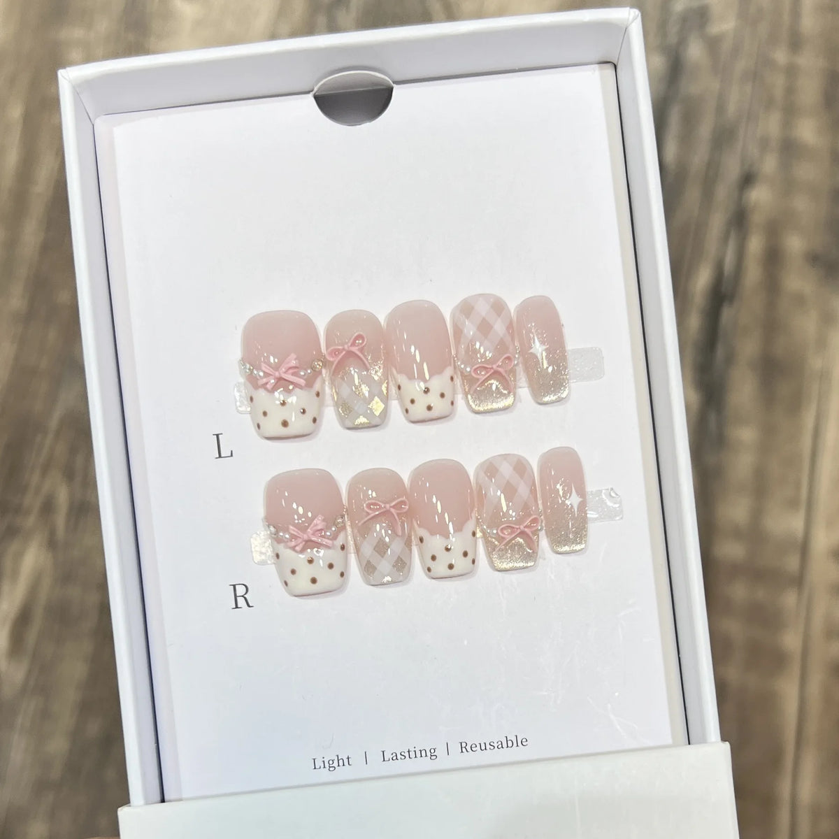 Pink Cat-Eye Press-On Nails – Medium Ballerina Bow Designs, 10 Pieces