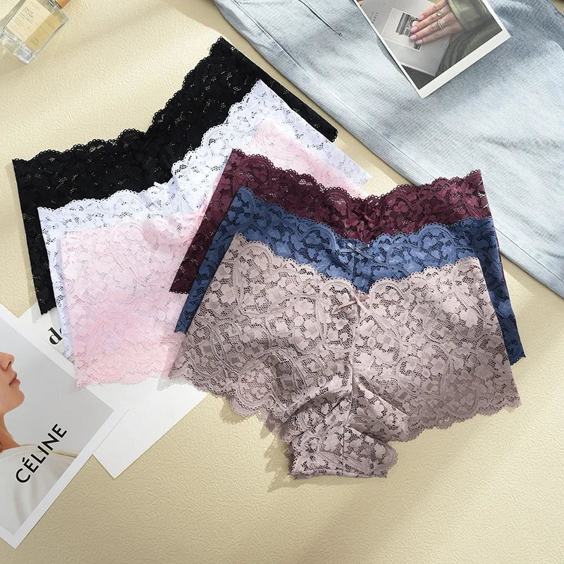 Bow-Trim Lace Boyshort Panty – Low-Rise Breathable Underwear for Women (S–XL, 6 Colors)